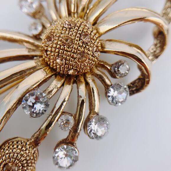 Large 3" VTG MCM Atomic Sun Burst Floral Sunflower Gold Tone Rhinestone Brooch - Picture 4 of 7